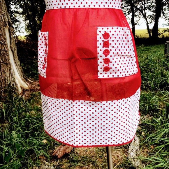 Vintage Half Apron Organdy Red Polka Dot - Picture 6 of 9
